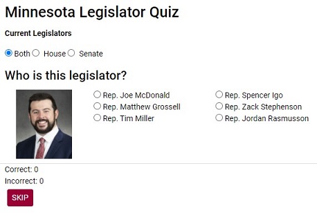 Screenshot of Minnesota Legislator quiz showing Rep. Igo and 6 choices to match image with name.