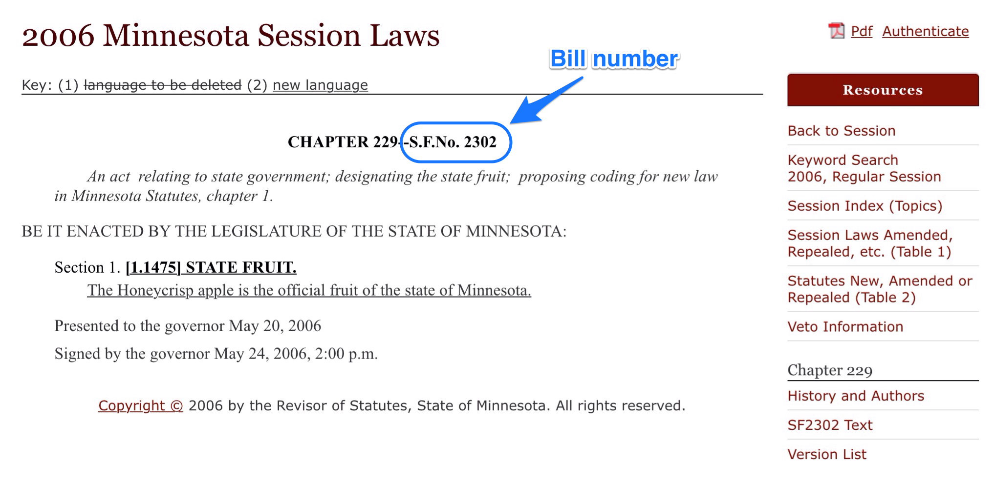 Screenshot showing that the bill number is next to the chapter number in a session law