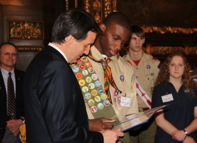 Governor Pawlenty receives a report on the status and values of scouting in Minnesota from members o...