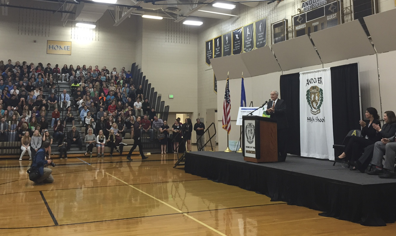 Governor Dayton speaks to a student assembly at Andover High School