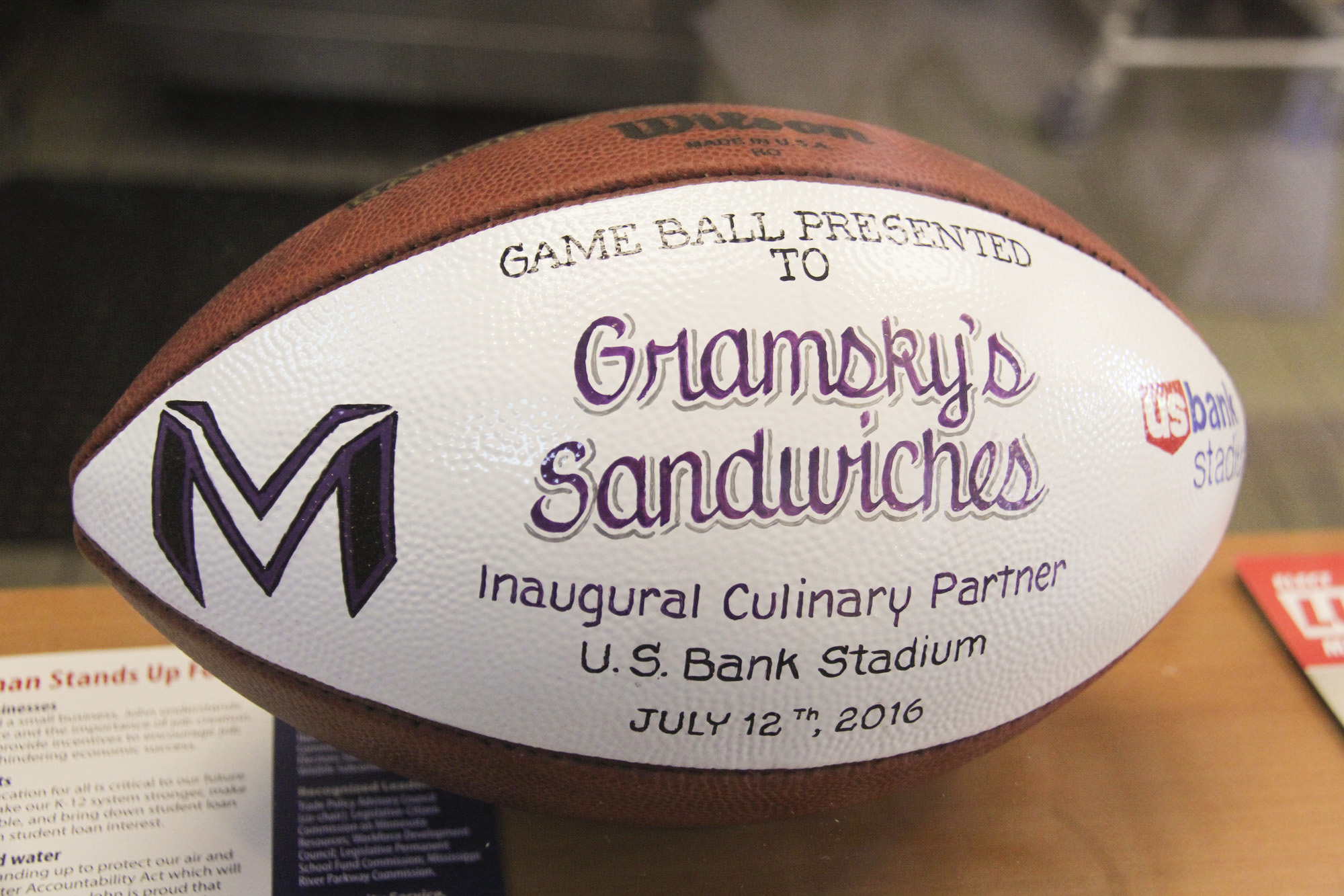 Game ball presented to Gramsky's as an inaugural partner at U.S. Bank stadium