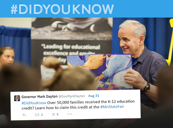 Governor Dayton reading to children. #DidYouKnow Over 50,000 families received the K-12 education credit? Learn to claim this credit at the #MnStateFair