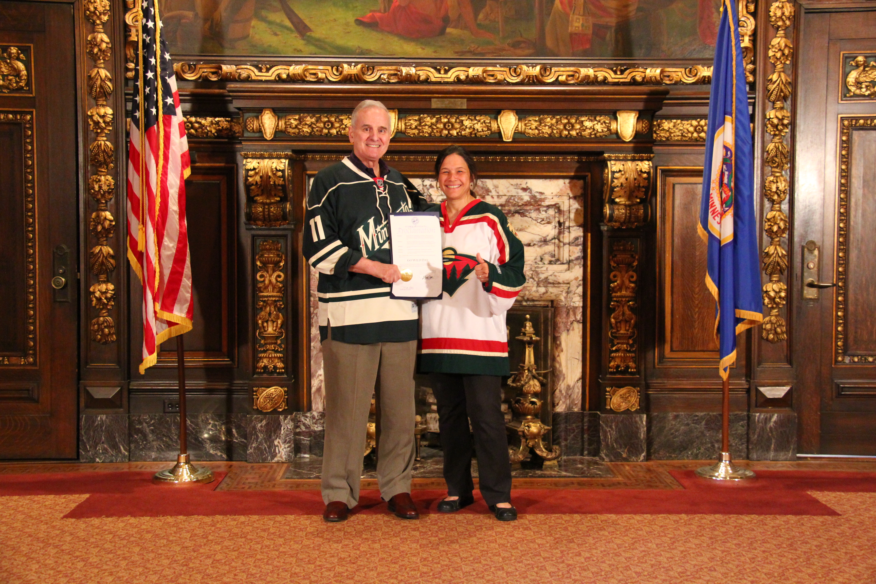 To show their support for the Wild, the Governor, who was an All-State high school goalie, and Department of Education Commissioner Cassellius, who still moonlights as a forward for the Penalty Box Hockey Team, wore their jerseys to the Capitol